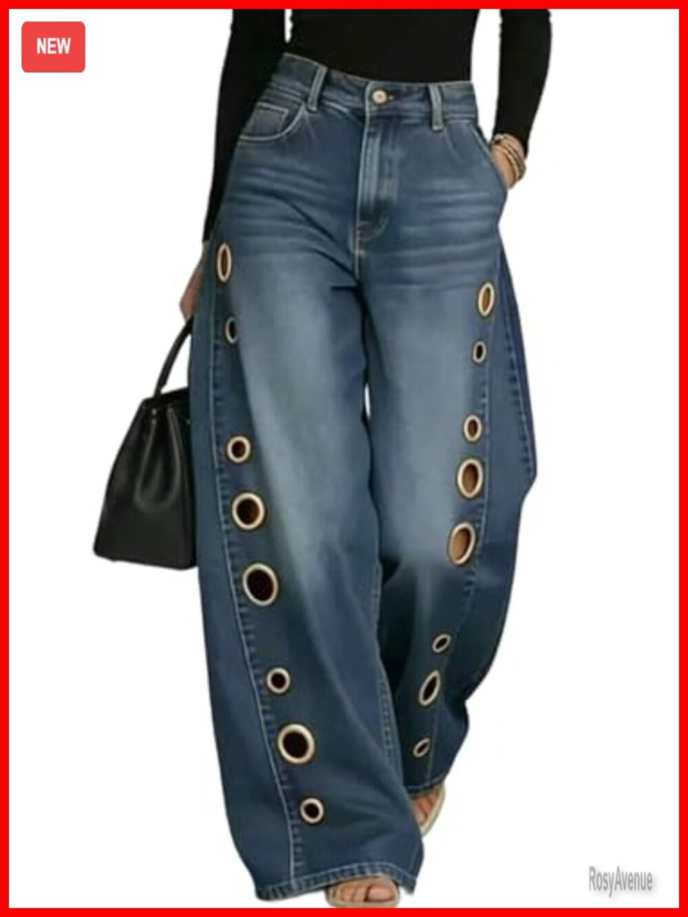 Women's High Waisted Wide Leg Eyelet Cutout Y2K Denim Pants